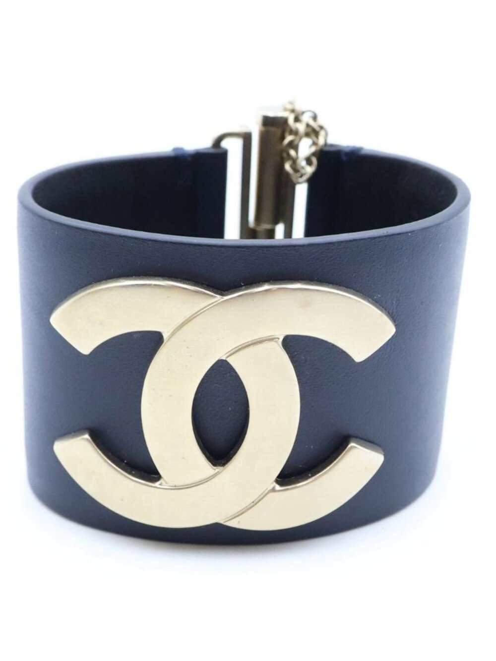 Chanel CC Logo Leather Bangle Bracelet Navy Gold
